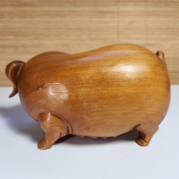 Vintage Hand Carved Chinese Wood Laughing Pig Figurine Ornament Statue - Picture 6 of 8